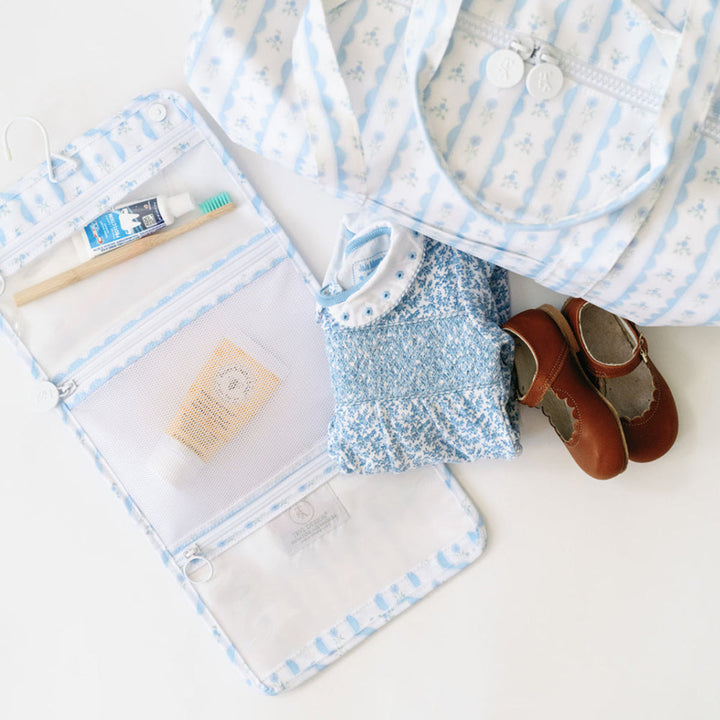 Hanging Toiletry Bag - Mini Roll Up - Ribbon Floral Blue