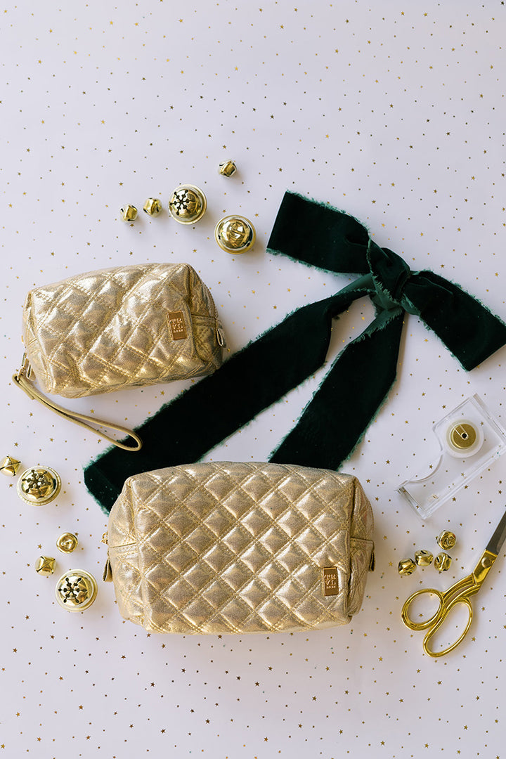 Cosmetic Bag Set- Luxe Duo Dome Set - Quilted Gold