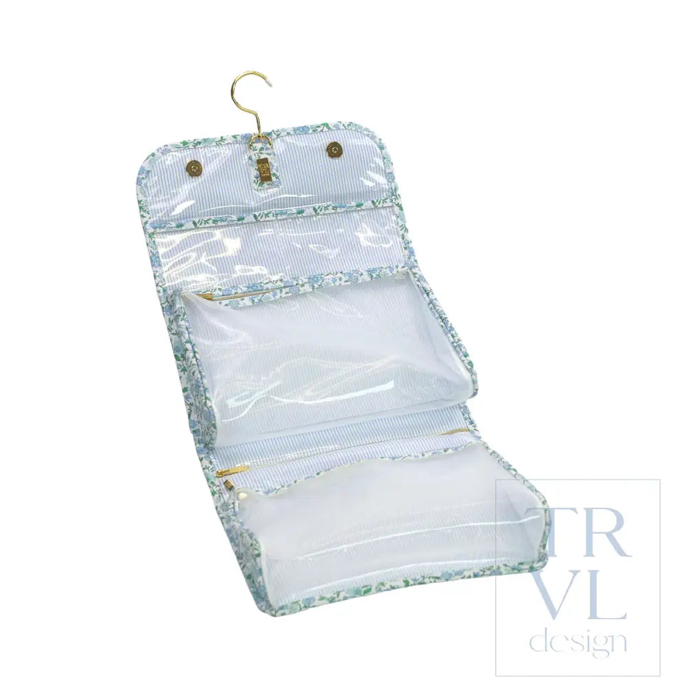 Hanging Toiletry Case - Hamptons Floral with Chambray Pinstripe Liner - Cosmetic & Toiletry Bags