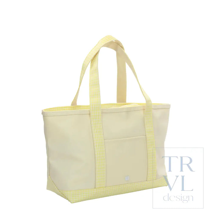 Medium Tote - Coated Canvas Natural with Buttercup Gingham Trim - Tote Bags