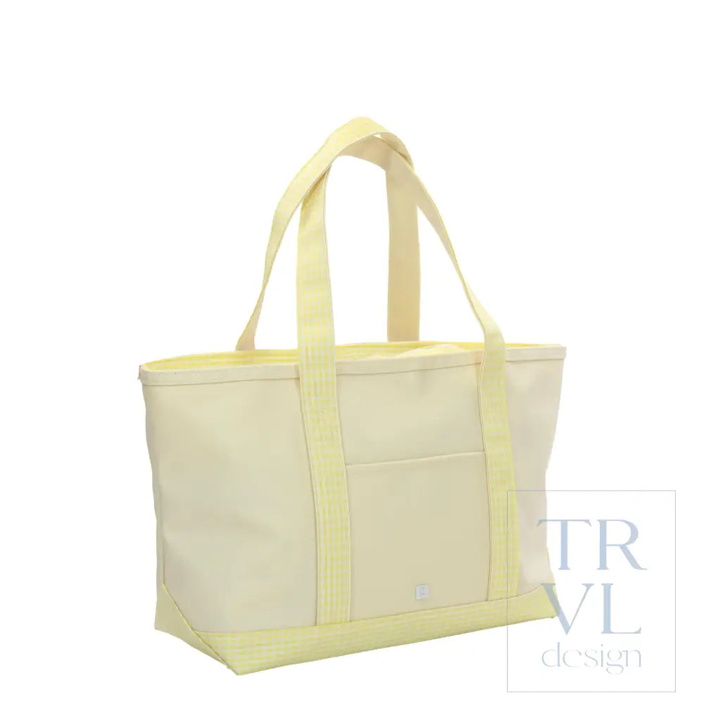 MEDIUM TOTE - COATED CANVAS NATURAL with GINGHAM BUTTERCUP TRIM - Tote Bags
