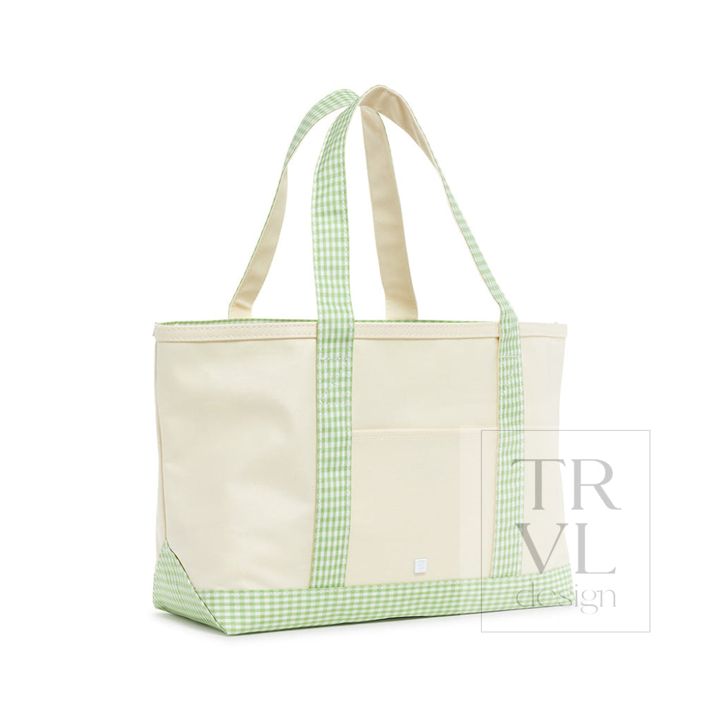 MEDIUM TOTE - COATED CANVAS NATURAL with GINGHAM LEAF TRIM - Tote Bags