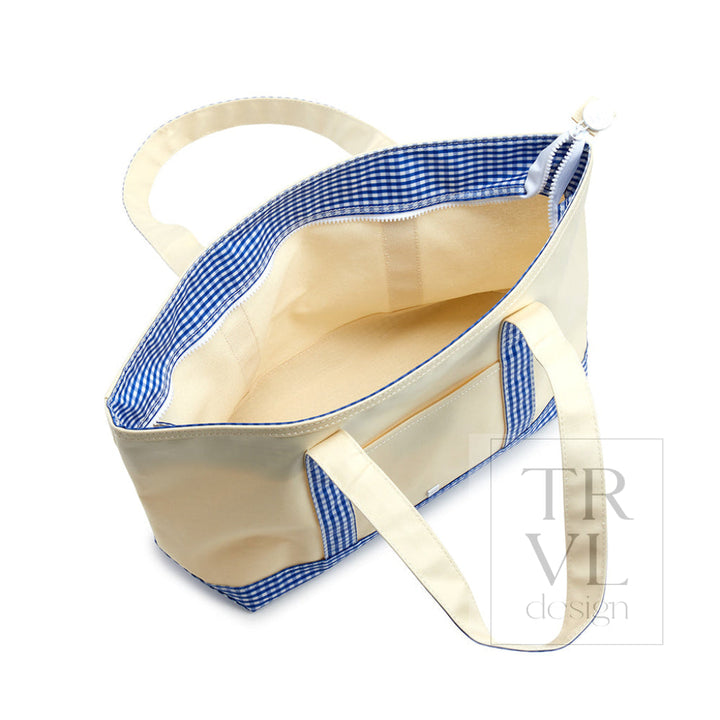 MEDIUM TOTE - COATED CANVAS NATURAL with GINGHAM LEAF TRIM - Tote Bags