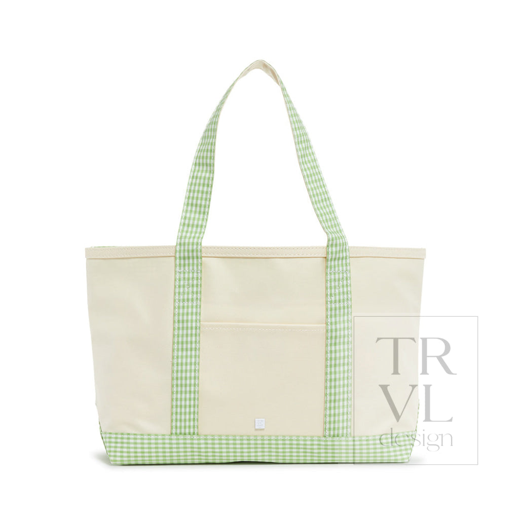 MEDIUM TOTE - COATED CANVAS NATURAL with GINGHAM LEAF TRIM - Tote Bags