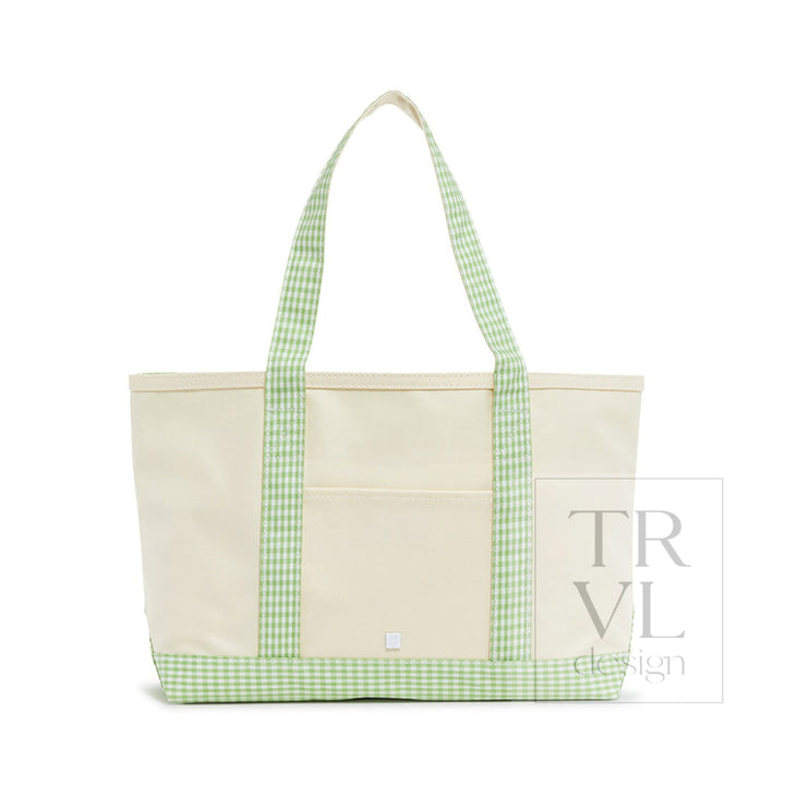 MEDIUM TOTE - COATED CANVAS NATURAL with GINGHAM LEAF TRIM - Tote Bags