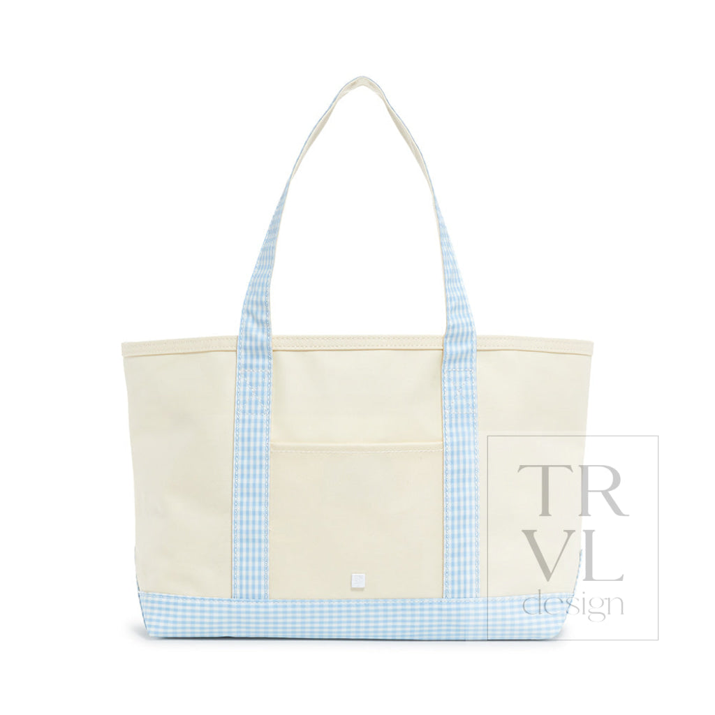 MEDIUM TOTE - COATED CANVAS NATURAL with GINGHAM MIST TRIM - Tote Bags