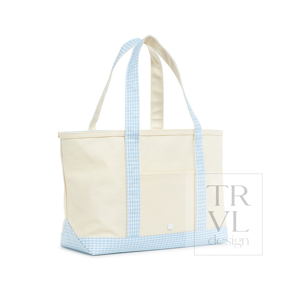 MEDIUM TOTE - COATED CANVAS NATURAL with GINGHAM MIST TRIM - Tote Bags