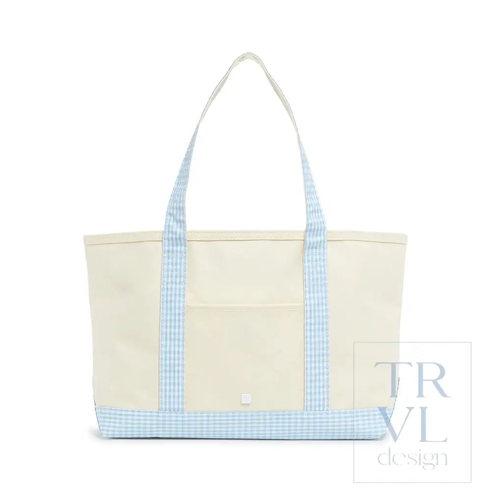 MEDIUM TOTE - COATED CANVAS NATURAL with GINGHAM MIST TRIM - Tote Bags