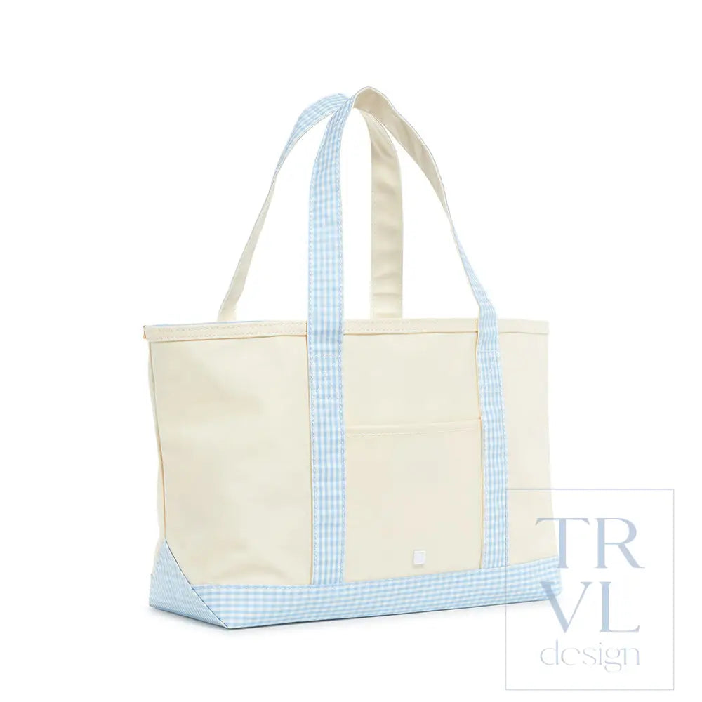 MEDIUM TOTE - COATED CANVAS NATURAL with GINGHAM MIST TRIM - Tote Bags