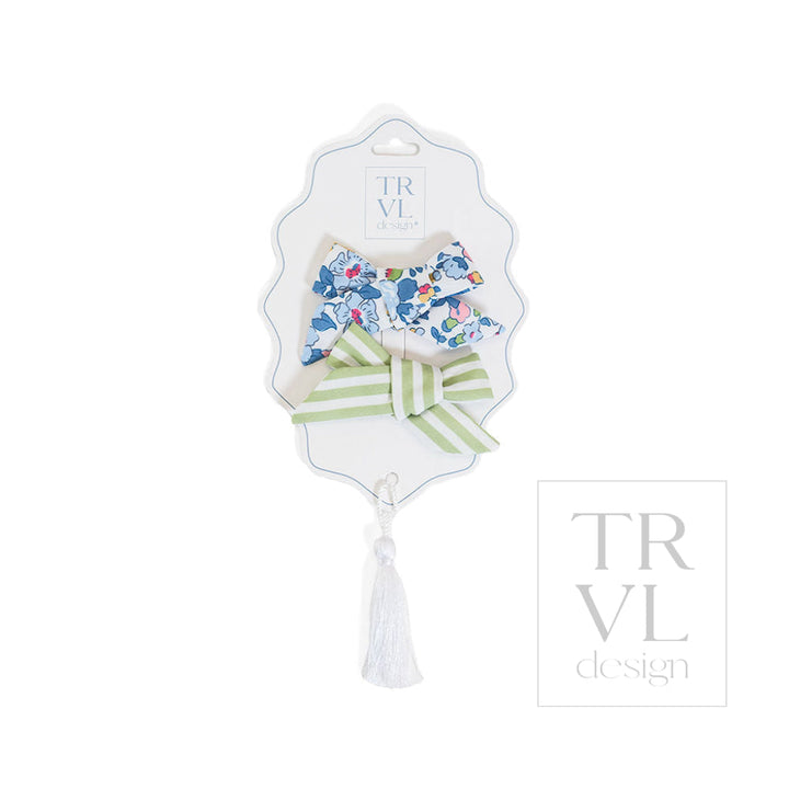 Signature Hair Accessories - Bow Clip - Set 2 Pre pack 3 - Bridgehampton Floral (with Sage Stripe) - Hair Accessories