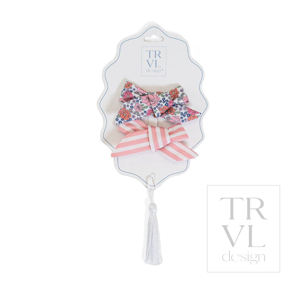 Signature Hair Accessories - Bow Clip - Set 2 Pre pack 3 - Garden Floral (with Dusty Rose Stripe) - Hair Accessories