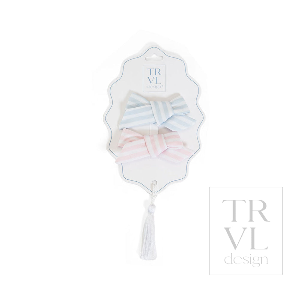 Signature Hair Accessories - Bow Clip - Set 2 Pre pack 3 - Stripe Pink + Blue - Hair Accessories