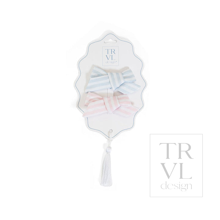 Signature Hair Accessories - Bow Clip - Set 2 Pre pack 3 - Stripe Pink + Blue - Hair Accessories