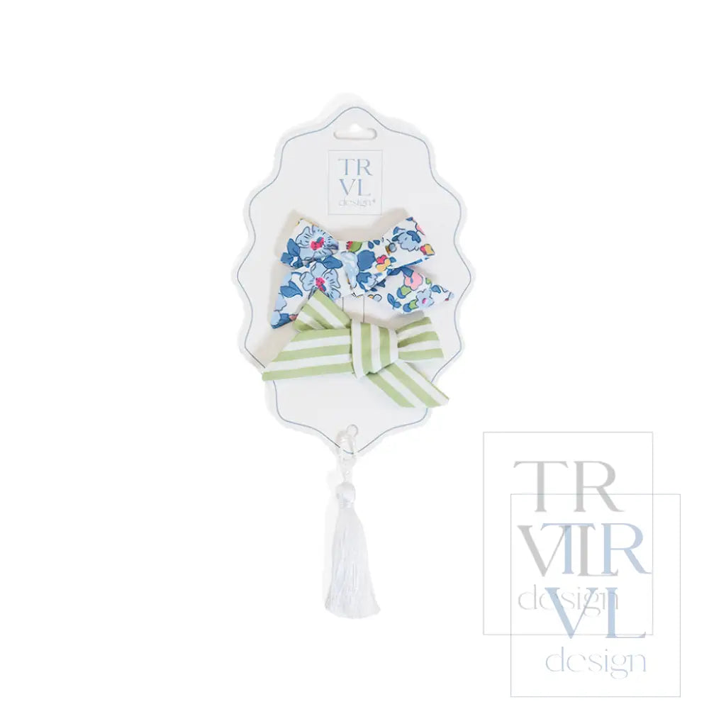 Signature Hair Accessories - Bow Clip - Set 2 Pre pack 3 - Bridgehampton Floral (with Sage Stripe) - Hair Accessories
