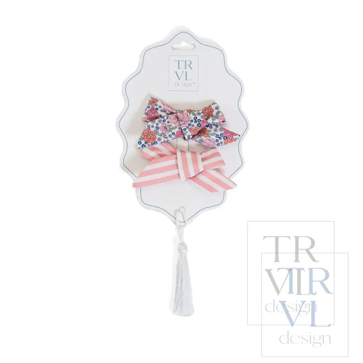 Signature Hair Accessories - Bow Clip - Set 2 Pre pack 3 - Garden Floral (with Dusty Rose Stripe) - Hair Accessories