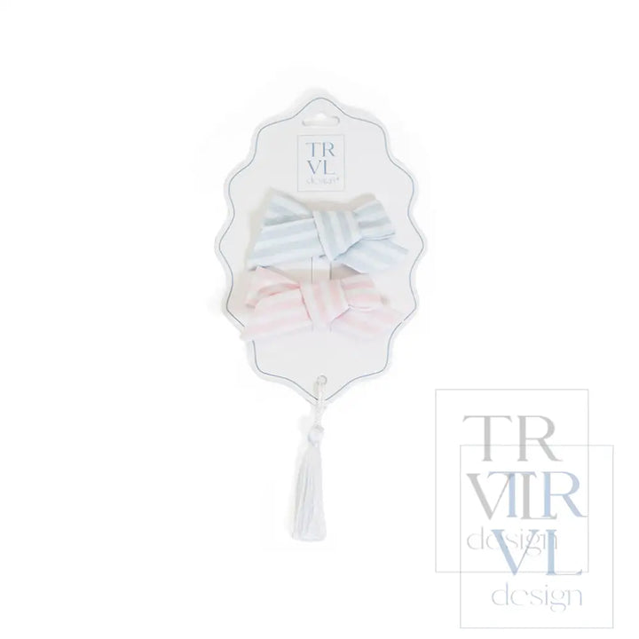 Signature Hair Accessories - Bow Clip - Set 2 Pre pack 3 - Stripe Pink + Blue - Hair Accessories