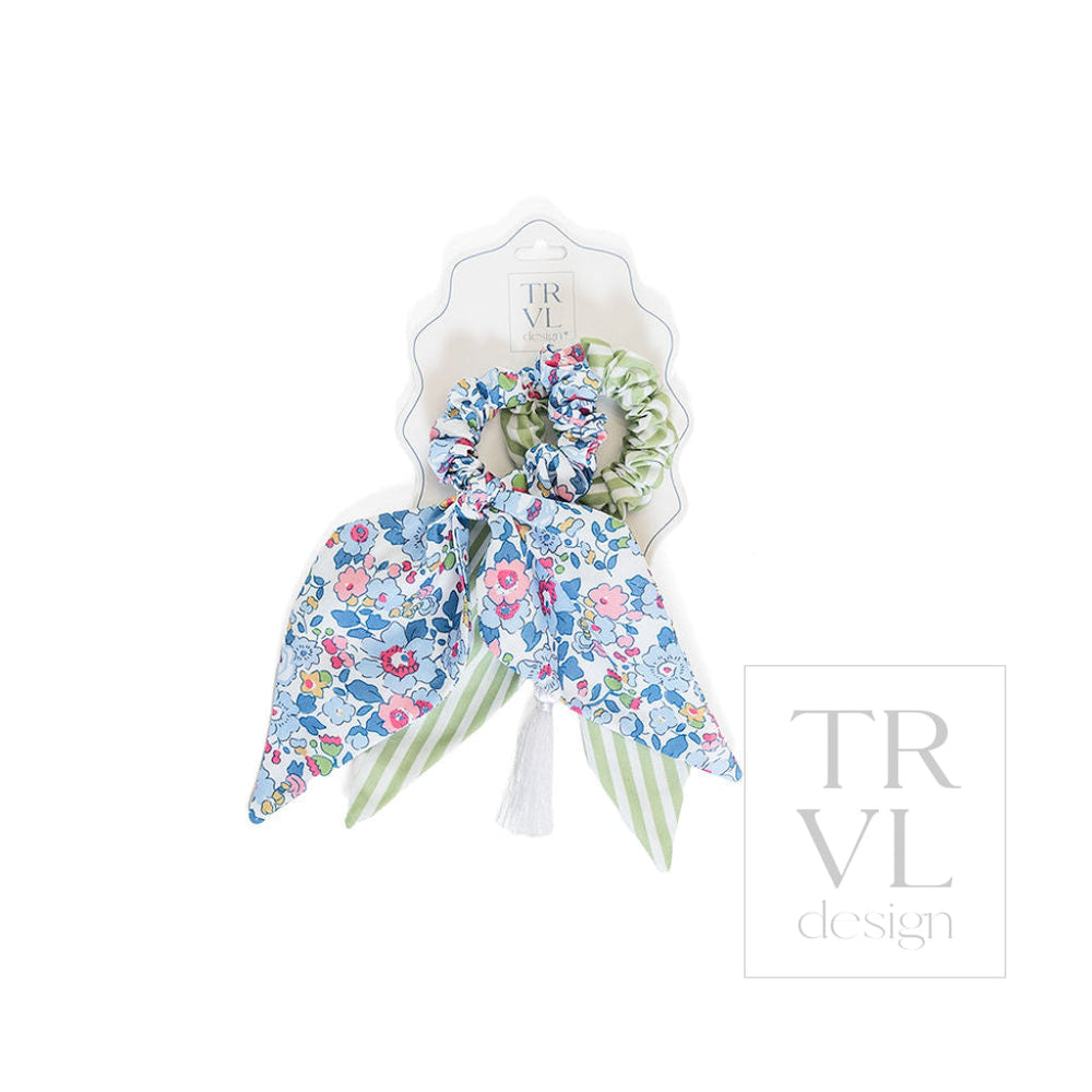Signature Hair Accessories - Bow Scrunchies Set 2 - Pre pack 3 - Bridgehampton Floral (with Sage Stripe) - Hair
