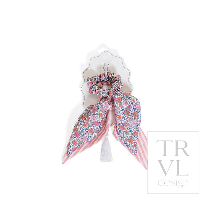 Signature Hair Accessories - Bow Scrunchies Set 2 - Pre pack 3 - Garden Floral (with Dusty Rose Stripe) - Hair