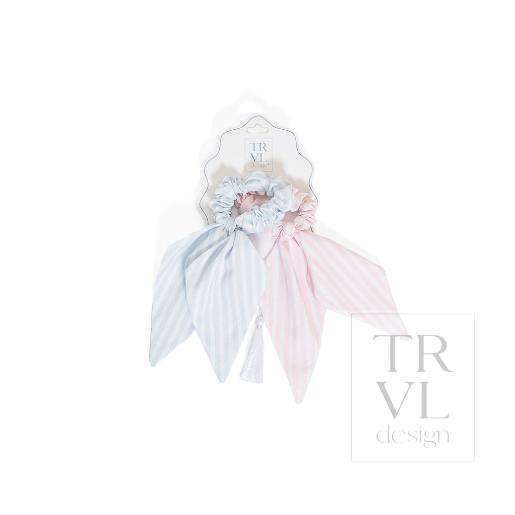 Signature Hair Accessories - Bow Scrunchies Set 2 - Pre pack 3 - Stripe Pink + Blue - Hair Accessories