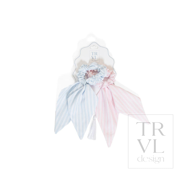 Signature Hair Accessories - Bow Scrunchies Set 2 - Pre pack 3 - Stripe Pink + Blue - Hair Accessories