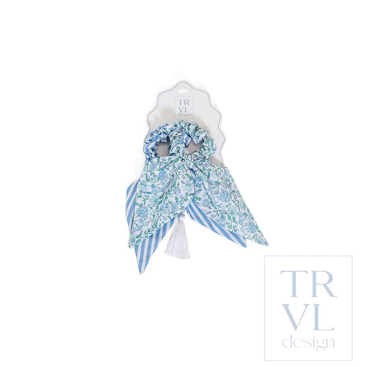 Signature Hair Accessories - Bow Scrunchies Set 2 - Pre pack 3 - Hamptons Floral (with Chambray Stripe) - Hair
