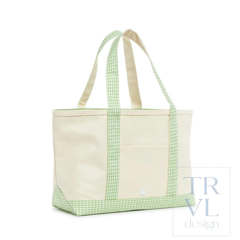 Tote Bag - Coated Canvas Medium Tote - Natural with Leaf Gingham Trim - Tote Bags