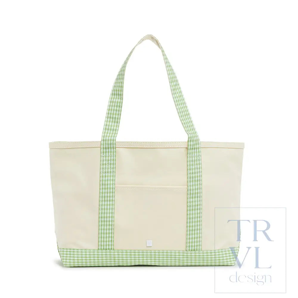Tote Bag - Coated Canvas Medium Tote - Natural with Leaf Gingham Trim - Tote Bags